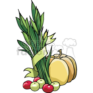 Clipart image featuring a pumpkin, stalks of leafy greens, and an assortment of small red and green fruits, representing Thanksgiving and the holiday season.