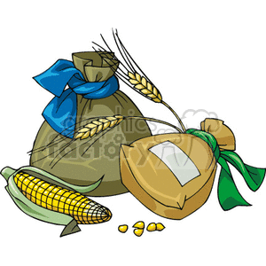 Clipart image of Thanksgiving-themed elements featuring corn on the cob, bags tied with ribbons, and wheat.