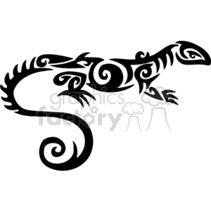 The image shows a stylized, tribal design of a lizard. It is a black, artistic representation with swirls and intricate patterns that are characteristic of tribal art. The image appears to be designed for use as a vinyl decal or similar applications.