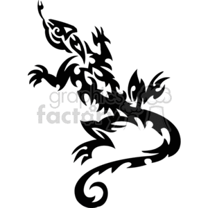 The image shows a tribal-style design of a lizard. The lizard is depicted in a stylized, artistic form with swirling patterns and sharp angles, giving it an abstract and decorative appearance. It is a black silhouette that could be used for vinyl decals or similar applications.