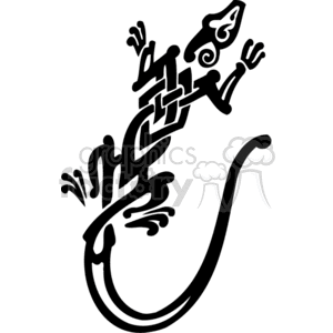 The image is a black and white clipart of a stylized tribal lizard. The lizard is depicted in a fluid, artistic form with various curves and embellishments that are characteristic of tribal art, suitable for vinyl-ready applications.