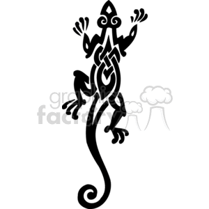 The image depicts a stylized tribal lizard design. It is a black graphic on a white background suitable for vinyl cutting or as clipart for various design purposes. The lizard is created using bold and fluid tribal lines, with ornate details that give it an artistic and ethnic look.