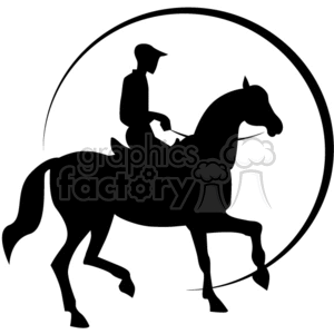 Silhouette of a person riding a horse within a circular design.