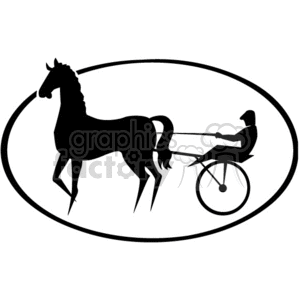 A black silhouette of a horse pulling a two-wheeled carriage with a rider, enclosed in an oval frame.