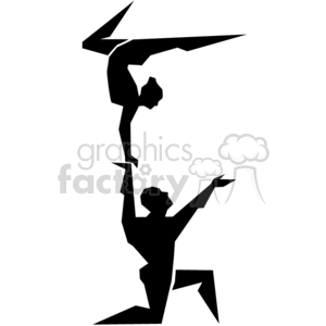 Silhouette clipart of two acrobats performing a balancing act. One acrobat is balancing handstand on the hand of the other, who is in a kneeling position.