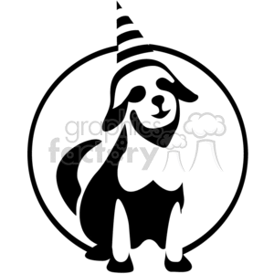 A black and white clipart image of a dog wearing a party hat, encircled by a line.
