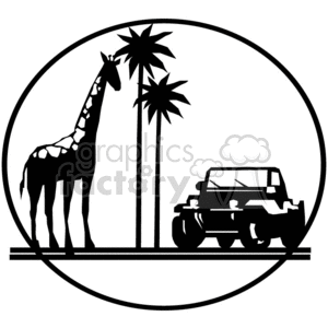 The clipart image depicts a black and white vector illustration of a African safari-themed vacation or travel. It features various elements such as trees, palm trees, and a giraffe in the background, while in the foreground, there is a jeep truck parked.
