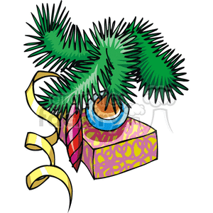 Colorful Christmas clipart featuring a cartoonish small tree with ornaments and a gift box.