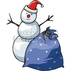 A snowman wearing a Santa hat standing next to a blue sack filled with gifts, symbolizing Christmas and holiday festivities.