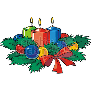 A festive Christmas centerpiece featuring three lit candles in green, red, and blue, surrounded by green pine branches, colorful ornaments, and a red bow.