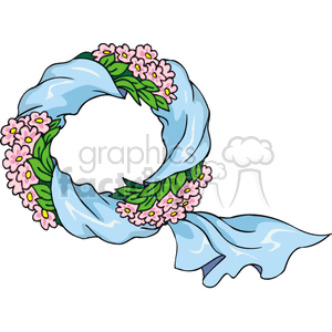 A decorative floral wreath with pink flowers and a blue ribbon.