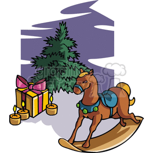 A festive Christmas scene with a decorated tree, a rocking horse toy, presents, and candles.