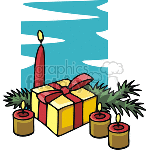 A festive clipart image featuring a yellow gift box with a red ribbon, surrounded by four red candles and green pine branches, set against a blue background.