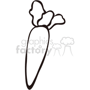 A black and white clipart image of a carrot with leafy greens on top.