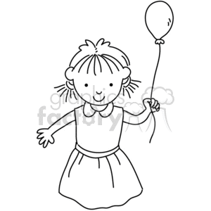 Black And White Happy Small Girl Holding A Single Balloon Clipart