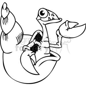 This is a black and white line-art illustration of a funny hermit crab. The hermit crab is depicted with exaggerated features, such as a large claw and a whimsical facial expression, giving it a cartoonish appearance.