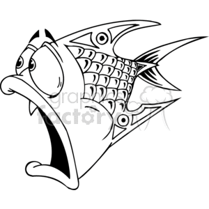 The image is a black-and-white clipart of a fish with a surprised expression. It has an open mouth and wide eyes, giving it a startled look. The fish has detailed scales, fins, and gills, adding to its characteristic sea life appearance.