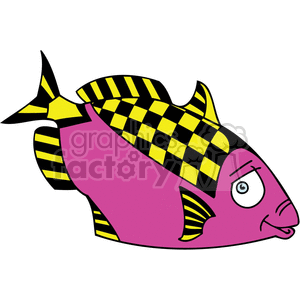 This image shows a stylized cartoon fish. The fish is pink with black and yellow checkered pattern on its fins and tail. It has a prominent eye and a curved smile.