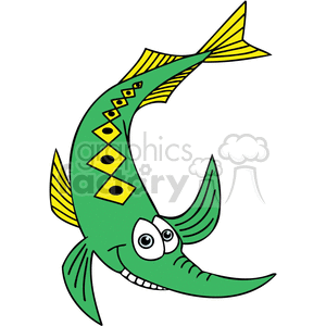 The image displays a green, cartoon-style fish with exaggerated features that give it a funny appearance. The fish has a long, pointed nose, big googly eyes, a wide smile, and a pattern of yellow triangles with black outlines decorating its body and fins.