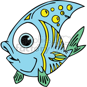 This is an image of a cartoon-styled fish characterized by an exaggeratedly large eye and a humorous expression. The fish is blue with yellow and green accents, and the large eye gives it a funny and friendly appearance. There are yellow spots on its body and a simple background suggesting it's a fun, playful image likely for children or for lighthearted content.