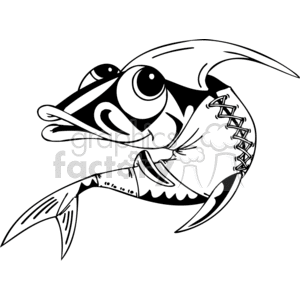 The image provided is a black and white clipart of a stylized fish wearing a jacket. The fish has prominent cartoonish eyes, a large fin resembling a mohawk hairstyle, and is dressed in a jacket with a strap up