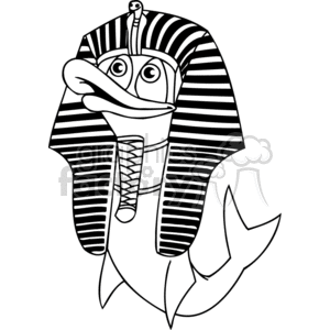 The image is a black and white clipart that humorously combines a fish with elements of ancient Egyptian art, specifically a pharaoh's headdress reminiscent of King Tutankhamun's iconic mask. The fish is stylized with wide eyes and a big smile, giving it a quirky and whimsical appearance. Its tail is visible, and instead of a typical pharaoh's facial features, we see the fish's head adorned with the striped nemes headdress.