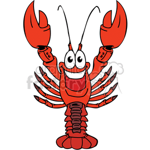 The image is a colorful and cartoonish illustration of a happy-looking lobster. The lobster is depicted with oversized claws raised, a friendly smile, and large, expressive eyes. It has a bright red color typically associated with lobsters, and its legs and antenna are detailed in a way that adds to its cheerful and funny appearance.