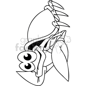 The clipart image depicts a cartoonish crab with exaggerated features such as large, round eyes and a quirky expression, giving it a comical appearance. It's a simple black and white line drawing suitable for coloring activities.