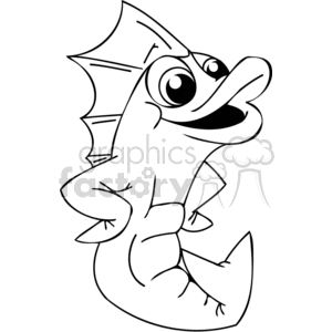 The image is a black and white clipart of a cartoon fish with exaggerated, comical features. The fish has a large, prominent fin, oversized eyes with an amused expression, and a long, protruding nose or bill. Its tail fin is clearly visible, and its body displays curved lines suggesting a playful pose.