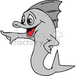The clipart image shows a funny, cartoon-style fish with exaggerated facial features and expressions. The fish appears to be talking or pointing with its fin as if telling a story or making a point.