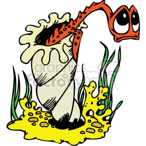 The clipart image depicts an anthropomorphized snail with a large, light-colored shell. The snail has a humorous expression with its eyes extended on orange stalks, appearing sad or displeased. The snail is situated in a yellow, bubbly puddle, suggesting it might be moving or leaving a trail, with a few blades of green grass in the background indicating an underwater setting. Its fish-like mouth and spotted, fish-like skin combining with the snail's shell create a funny and unexpected character.