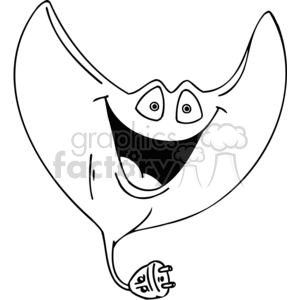 The clipart image depicts a whimsical stingray with a human-like face displaying a broad, open-mouthed smile and two bulging, cartoony eyes. The tail of the stingray is humorously modified to end with an electrical plug, referencing a power socket. 