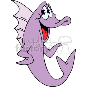 The clipart image shows a cartoon fish with a funny expression. It has a big smile, prominent cartoon eyes, and is colored in shades of purple with white detailing. The fish is styled in a whimsical and exaggerated manner, fitting a humorous or playful theme.