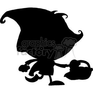   The image appears to be a black silhouette of a cartoon character with exaggerated and whimsical features. The character has a large, curved hat, a prominent nose, and is carrying what looks like a tea kettle. The character