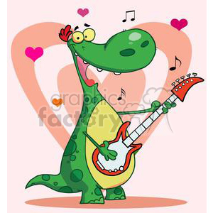 A funny cartoon dinosaur character playing an electric guitar surrounded by hearts and musical notes, perfect for a charming Valentine's Day theme.