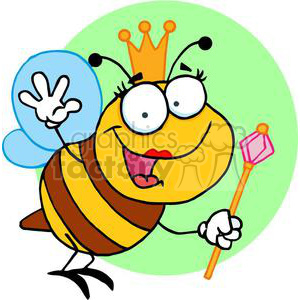 Clipart image of a happy cartoon queen bee waving while holding a scepter, with a crown on its head and wings in the background.