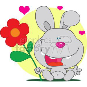 The clipart image features a funny cartoon character that appears to be a happy gray bunny holding a large red flower with a yellow center. The bunny has large pink hearts floating in the air around its head, suggesting it is in love or very happy. The background has a yellow circle, possibly representing the sun, with a plain white background surrounding it.