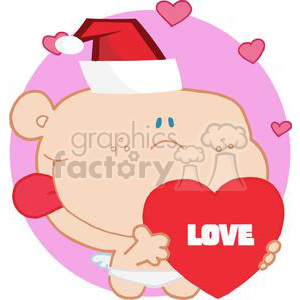 A funny cartoon character in a Santa hat holding a heart with 'LOVE' written on it, surrounded by smaller hearts.