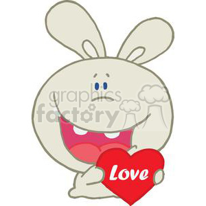 A funny cartoon character with rabbit-like features holding a red heart with the word 'Love' on it.