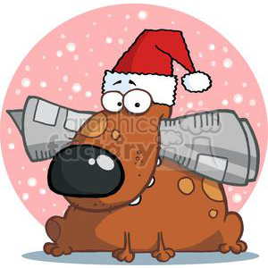 The clipart image features a whimsical cartoon character of a brown dog with spots. The dog has a comically oversized snout or nose and is wearing a red Santa hat, indicating a holiday theme, likely Christmas. Behind the dog is a pink background with white dots that could represent snow.