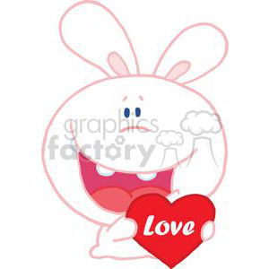 A cute, funny bunny character holding a red heart with the word 'Love' on it, perfect for Valentine's Day themes.