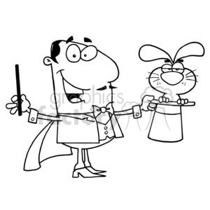A black and white clipart image of a cartoon magician holding a magic wand in one hand and a rabbit in a hat in the other.