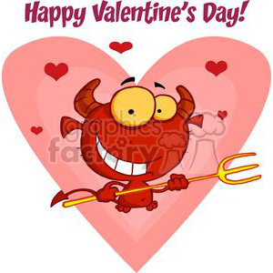 A humorous cartoon image of a smiling devil character holding a pitchfork with hearts and a message saying 'Happy Valentine's Day!' in the background.