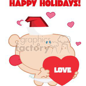 A funny cartoon character wearing a Santa hat, holding a large red heart with the word 'LOVE' on it, surrounded by smaller pink hearts and a 'HAPPY HOLIDAYS!' message.