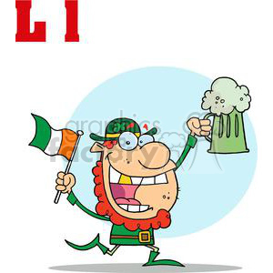 L is for Leprechaun running with a pint of ale and Irish flag