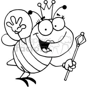 Clipart image of a cartoon bee wearing a crown, waving, and holding a scepter. The bee has a big smile and large eyes, and is depicted in a playful and happy manner.