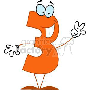 Clipart of a smiling orange number three with eyes, arms, and legs, holding up two fingers.