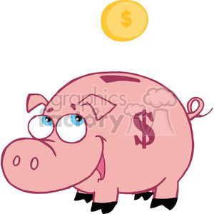 The clipart image features a cartoon piggy bank that is pink with a coin slot on its back. The pig has a dollar sign on its side, large eyes, and a simple, friendly expression. Above the piggy bank, there is a single gold coin with a dollar sign symbolizing money or savings.