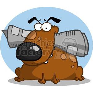   The clipart image features a cartoonish brown dog with large eyes and a black nose. The dog appears to be chewing on a gray object that looks like a newspaper. There are a few spots on the dog