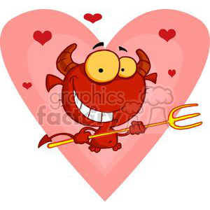 happy little devil with pitchfork in front of a big heart